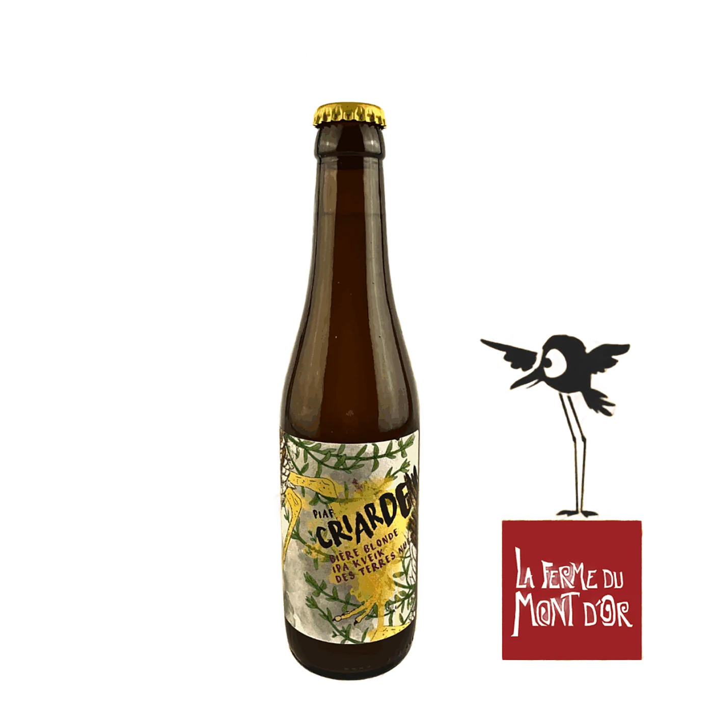 Bouteille de bière blonde La Criarde de la ferme du Mont d’Or, détourée.