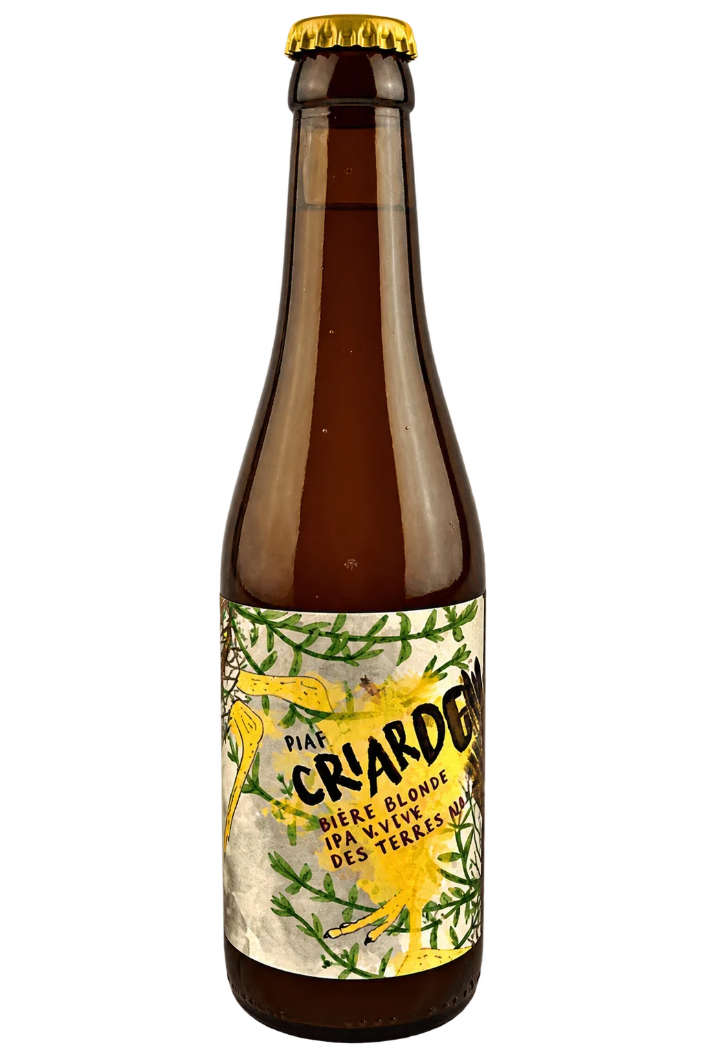 Bouteille de bière blonde La Criarde de la ferme du Mont d’Or, détourée.