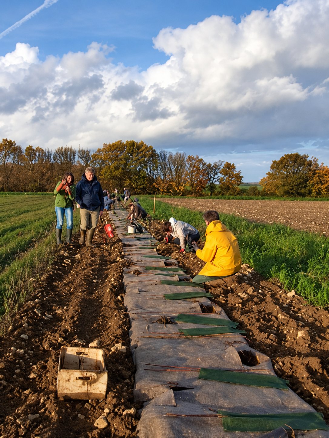 Plusieurs personnes travaillent à la pose d'un long chemin de dalles de pierre au milieu d'un champ cultivé, sous un ciel nuageux.