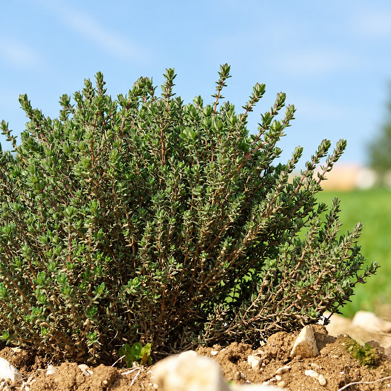 Un buisson de thym aux petites feuilles vert-gris pousse dans une terre caillouteuse, avec un champ vert et un ciel pâle flous à l'arrière-plan.