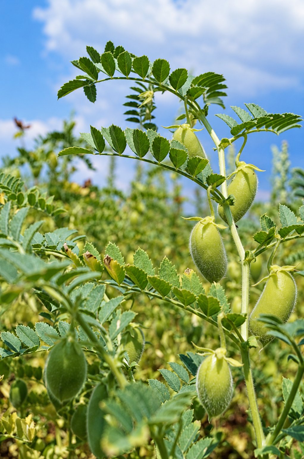 Gros plan sur des gousses de pois chiches vertes suspendues à leurs tiges feuillues, dans un champ sous un ciel bleu nuageux.