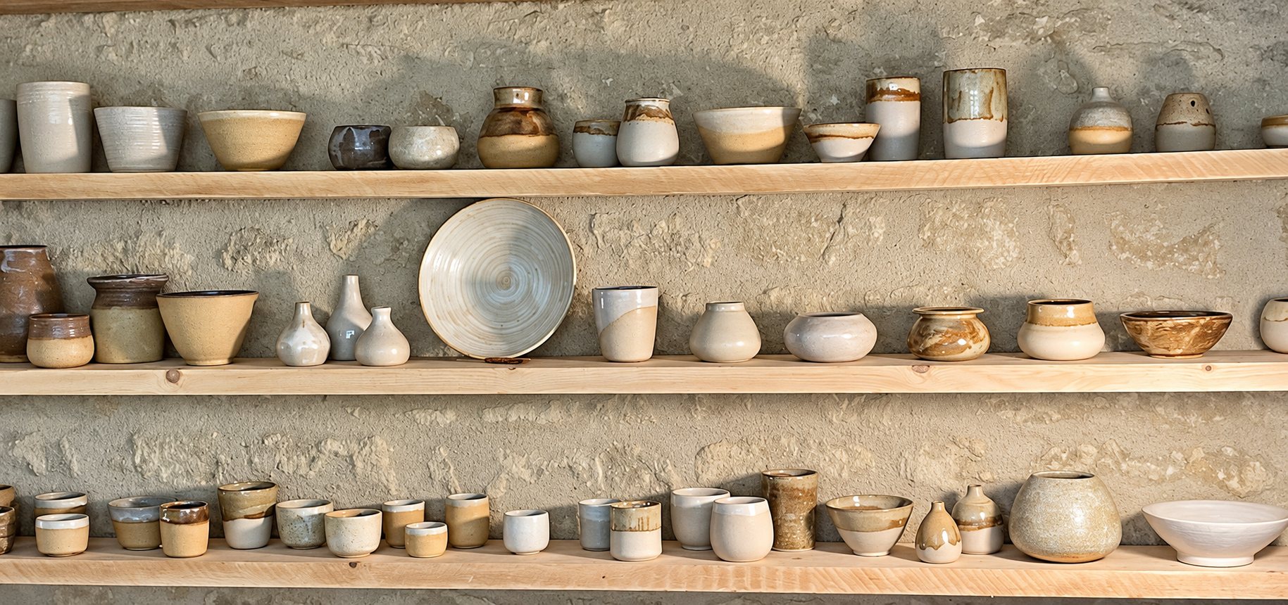 Des bols, vases, tasses et une assiette en céramique aux tons beiges et blancs sont alignés sur trois étagères en bois devant un mur de pierre.