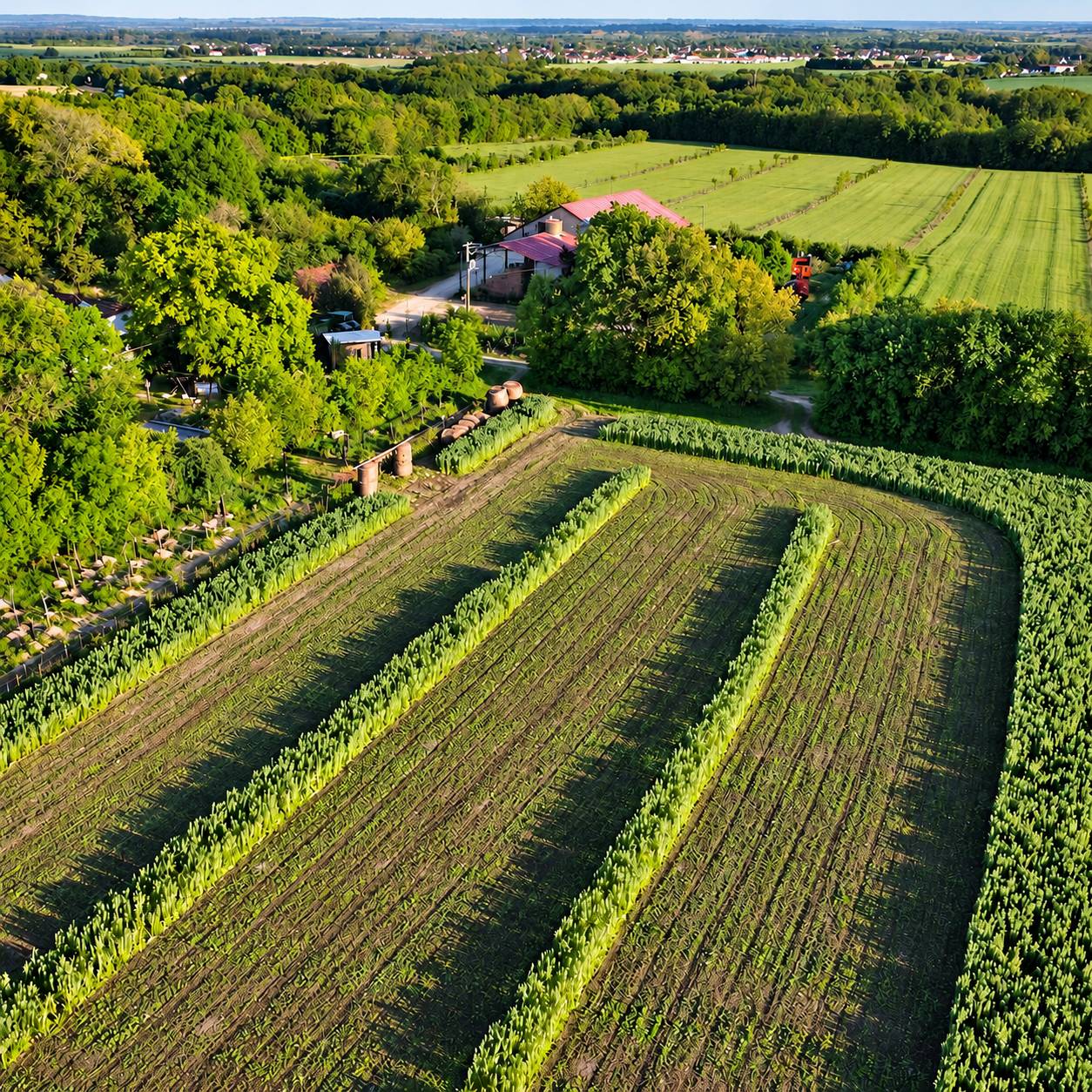 Vue aérienne de champs cultivés en rangées, de haies et des bâtiments de la ferme du Mont d’Or.